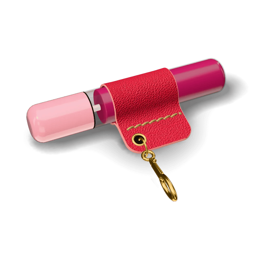 A gloss holder rolled round a lip gloss tube, on a chain and clip
